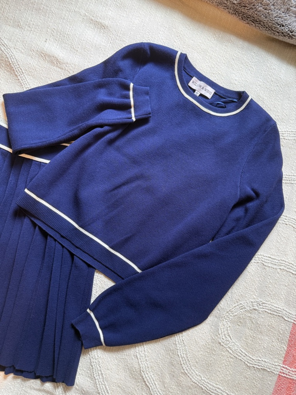Willow & Wind Preppy Pleated Navy Blue Skirt and Sweater Set - Picture 3 of 15